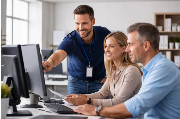 Professional IT technician assisting business team with computer support — Managed IT Services South Dakota by D2 Worldwide